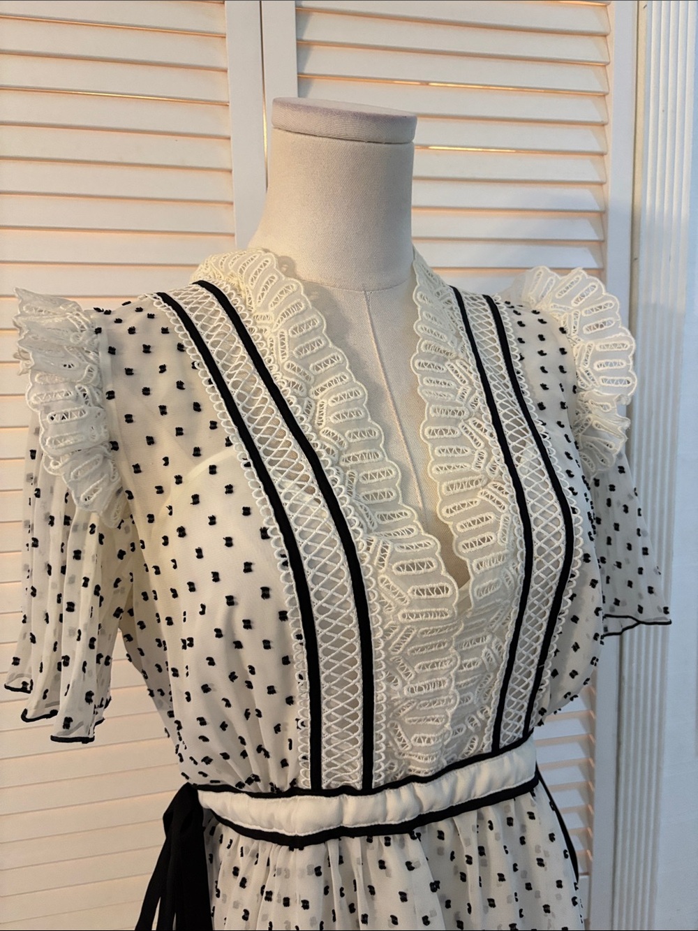Self-Portrait White Mini Dress with Black Polka Dots and Trim, US8 - Picture 8 of 14